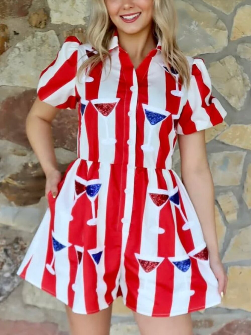 Peach Love NWOT Romper Patriotic Sequin Cocktail Martini Red White Striped